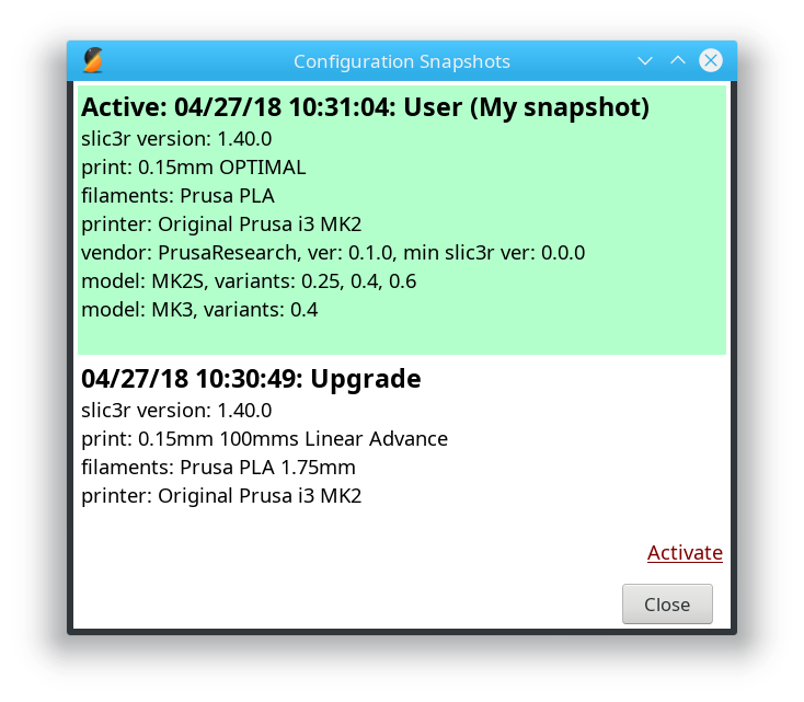 snapshots dialog